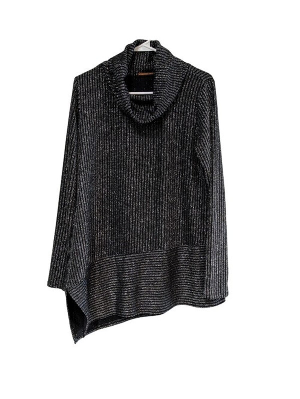 Belldini Women's Metallic Ribbed Knit Cowl Neck Sweater, Black Silver, Medium